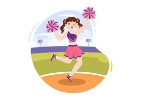 cheerleadermädchen mit pompons des tanzens und springens zur unterstützung des mannschaftssports während des wettbewerbs auf flachen handgezeichneten vorlagenillustrationen der karikatur vektor