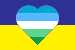 Vektordarstellung der gelb-blauen Flagge der Ukraine in Form eines Herzens auf der schwul-lesbischen Flagge des Schwulenstolzes. Unterstützung für die Ukraine. vektor