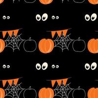 halloween nahtloses muster mit kürbis-, spinnennetz- und augenillustration auf schwarzem farbhintergrund vektor