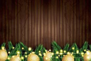 tannenzweig mit goldenen weihnachtskugeln und neonschnur auf holzhintergrund. vektor