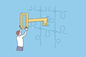 företag nyckel, lösning och Framgång begrepp. ung affärsman stående öppning pussel dörr med gyllene nyckel uppnå mål ensam vektor illustration
