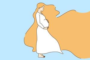 skönhet av gravid kvinna begrepp. ung leende gravid kvinna tecknad serie karaktär stående kramas mage känsla Lycklig med hår flygande vektor illustration