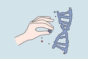 generisches ingenieurwissenschaftliches forschungskonzept. menschliche hand, die zellen in die menschliche dna-struktur setzt, über blauem hintergrund, vektorillustration vektor