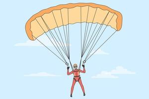 Extremsport- und Aktivitätskonzept. fallschirmspringer im sportkostüm, das auf sportfallschirm fliegt, gefühl von adrenalin und freiheit in der himmelsvektorillustration vektor