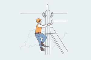 blitzgeräte und arbeiterkonzept. mann lineman arbeiter klettert telefonpost hoch, hochspannungsvektorillustration vektor