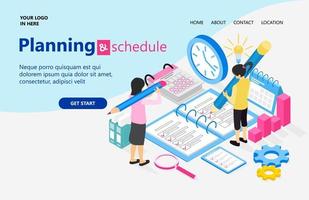landning sida med illustration av isometrisk stil företag planen och schema vektor
