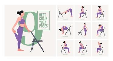 stol yoga poserar. stol stretching övningar uppsättning. kvinna träna kondition, aerob och övningar. vektor illustration.