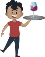 Junge serviert ein Glas Wein, Illustration, Vektor auf weißem Hintergrund.