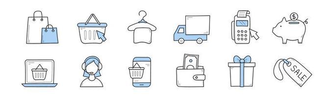 e-handel, uppkopplad Lagra försäljning klotter ikoner vektor