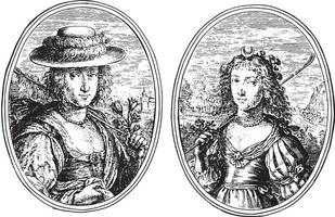 porträtt av två okänd kvinnor, årgång illustration. vektor