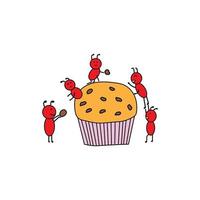 barn teckning stil rolig röd myror arbetssätt tillsammans med muffin i en tecknad serie stil vektor