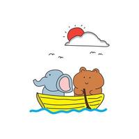 Illustration Vektorgrafik Kinder zeichnen Stil lustiger süßer Elefant und Bär auf einem Holzboot im Cartoon-Stil. vektor