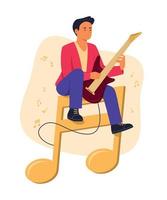 mann, der e-gitarre spielt, während er auf einer großen musikalischen notenkonzeptillustration sitzt vektor