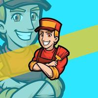 Lächelnder Handwerker mit Pinsel-Cartoon-Emblem-Logo. Retro-Vektorillustration des Heimwerkers. vektor