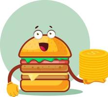 burger är innehav en lugg av nickel, illustration, vektor på vit bakgrund.