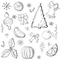 satz von elementen für weihnachtsdesign, stechpalme, fichte, schleifen, glocke, schneeflocken und mehr. vektorkonturillustration im handgezeichneten stil. vektor