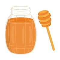 en små öppen glas burk med honung. en sked för honung. ljuv och friska mat. platt vektor teckning.