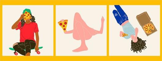 satz von drei junge glückliche frau zeichentrickfigur isst pizzavektor im karikaturstil. alle Elemente sind isoliert vektor