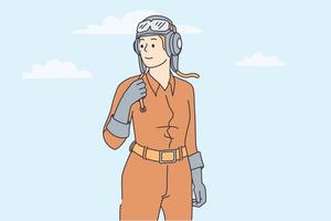 Frau, die als Pilotkonzept arbeitet. Junge lächelnde Frau mit Helm und Schutzkleidung, die wegschaut und das Gefühl von Freiheit und Vertrauensvektorillustration hat vektor