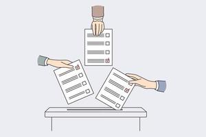 internationales abstimmungs- und wahlkonzept. hände von multiethnischen menschen, die stimmzettel in die wahlurne stecken und eine vektorillustration auswählen vektor