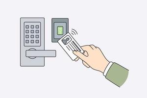 Sicherheitsausweis und Sicherheitskonzept. menschliche hand, die id-karte mit persönlichen informationen hält, die nahe elektronischer schlossöffnungstürvektorillustration halten vektor