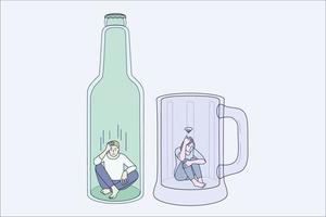 missbruk till alkohol och depression begrepp. två ung deprimerad människor man och kvinna Sammanträde på botten av öl råna och flaska känsla betonade Beroende till alkohol vektor illustration