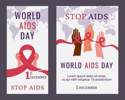Welt-AIDS-Tag. Reihe von Plakaten. Bewusstsein für Hilfsmittel. Menschen unterschiedlicher Hautfarbe, Nationalität mit rotem Band als Symbol der Einheit, Hilfe füreinander. Unterstützung für HIV-Infizierte. Vektor