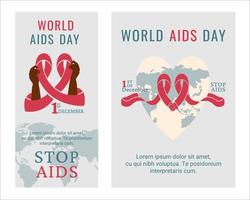 uppsättning av AIDS dag för affisch, flygblad. mänsklig händer av annorlunda Färg, nationalitet innehav röd band. medvetenhet av hjälpmedel. tejp runt om värld. Stöd för HIV smittad människor. vektor illustration