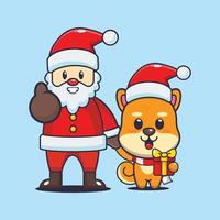 süßer shiba inu hund mit weihnachtsmann. nette weihnachtskarikaturillustration. vektor