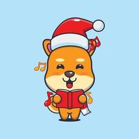 süßer shiba inu hund singt ein weihnachtslied. nette weihnachtskarikaturillustration. vektor