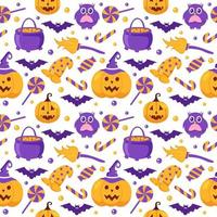 halloween sömlös mönster design med häxa, besatt hus, pumpor eller fladdermöss i mall hand dragen tecknad serie platt illustration vektor