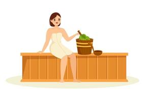 sauna und dampfbad mit menschen entspannen sich, waschen ihre körper, dämpfen oder genießen zeit in flachen handgezeichneten karikaturvorlagen vektor