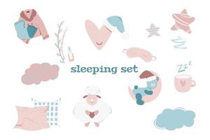 Set von Artikeln für besseren Schlaf. Schlafanzug, Kissen, Gesichtsmaske. entspannung, schlafkonzepte vektor