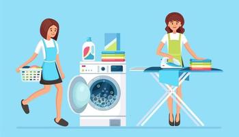 Frauen bügeln an Bord, Mädchen mit Korb. Alltag, Hausarbeit. Waschmaschine mit Waschmittel Hausfrauenwäsche mit elektronischer Wäschereiausrüstung für die Haushaltsführung vektor