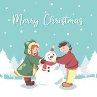 söt jul kort med barn byggnad snögubbe leende lyckligt utanför täckt med snö vektor illustration. glad jul och Lycklig ny år hälsning kort, baner, affisch.