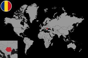 nåla karta med rumänska flaggan på världskartan. vektor illustration.