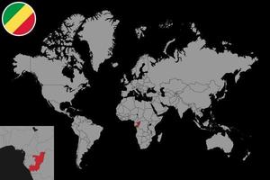nålkarta med Republiken Kongoflaggan på världskartan. vektor illustration.