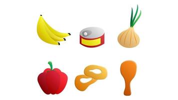Satz von sechs Symbolen mit köstlichen Speisen und Snacks für ein Café-Bar-Restaurant auf weißem Hintergrund Banane, Konserven, Zwiebel, Pfeffer, Zwiebelringe, Hähnchenschenkel vektor