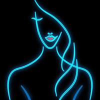 hell leuchtendes blaues Leuchtreklame für einen Friseur Schönheitssalon Schönes, glänzendes Beauty-Spa mit dem Gesicht einer Frau vor einem Spiegel auf schwarzem Hintergrund. Vektor-Illustration vektor