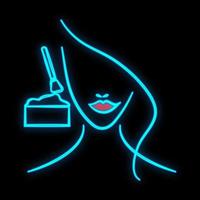 ljus lysande blå neon tecken för frisör kosmetologi skönhet salong skön skinande skönhet spa med de ansikte av en kvinna håller på med smink på en svart bakgrund. vektor illustration