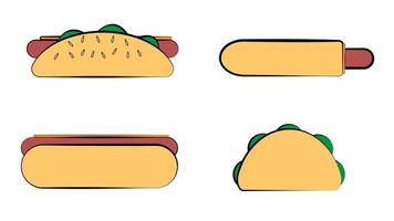 Fastfood. Junk Food und Snacks, Hamburger, Taco, Pommes Frites, Donut und Pizza mit hohem Kaloriengehalt. Gekritzel-Fast-Food-Vektor isolierte Symbole gesetzt. illustration von hotdog und croissant, snack und sandwich vektor