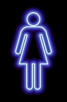 ein einfaches stilisiertes Symbol einer Frau. weibliches Zeichen. blauer Neonumriss auf schwarzem Hintergrund. Damentoilette anmelden. vektor