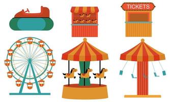 nöje parkera attraktioner. karneval barn karusell, ferris hjul attraktion och rolig fairground e vektor