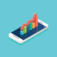 Wachstum des roten Pfeils mit Balkendiagramm auf dem Smartphone-Bildschirm isometrisch vektor