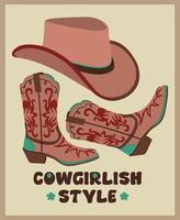 Vektor-Set von Cowgirl-Accessoires. stilvoller Hut und Stiefel. Retro-Cowgirl-Outfit. vektor