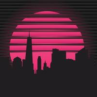80er Cityline in einem hellen Neonsonnenuntergang mit VHS-Ästhetik vektor
