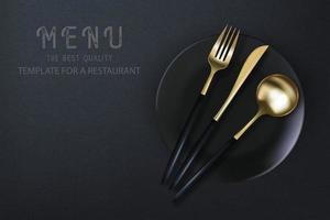 realistisk 3d gyllene gaffel, kniv och sked på en svart grunge bakgrund. modern modern affisch för en restaurang. topp se vektor illustration.