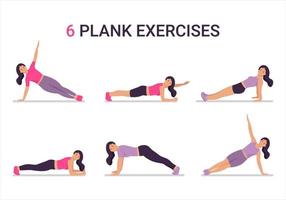 6 Plankenübungen für zu Hause, Frau, die Übungen macht, Planke macht, die Planke ist eine ausgezeichnete Bauch- und Kernübung, isolierte Vektorillustration im Cartoon-Stil vektor