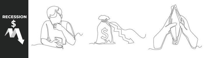 enda ett linje teckning lågkonjunktur ekonomi uppsättning begrepp. lågkonjunktur 2023. man hand innehav tömma plånbok och pengar väska med dollar. design grafisk vektor illustration.