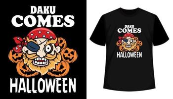 dunkel kommt halloween t-shirt design mit gruseligem zombie und kürbis vektor